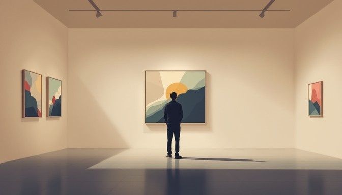 Person står stille og betragter et maleri i et lyst kunstmuseum